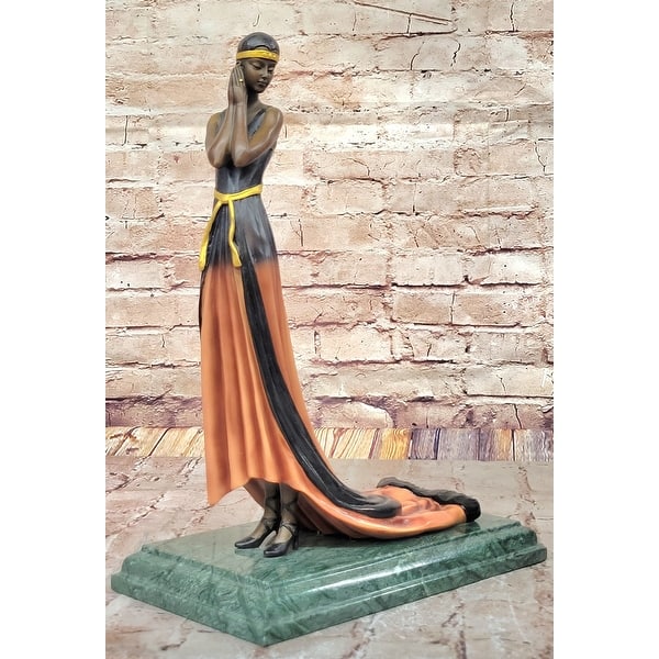 Elegant Bronze Lady Sculpture Art Deco Figurine In Flowing Dress With Colorful Patina On Marble Base Elegant Bronze Lady Sculpture Art Deco Figurine In Flowing Dress With Colorful Patina On Marble Base