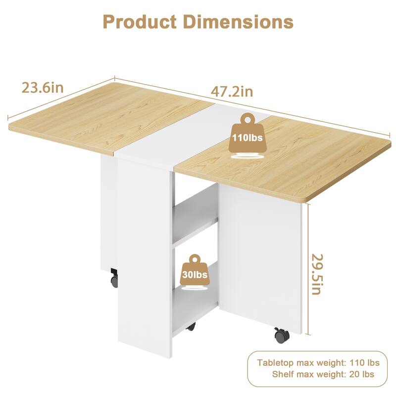Folding Dining Table with 2 Tier Storage, Extendable Kitchen Table