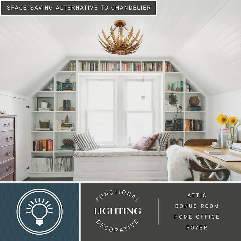 Ozette 18-in W Heritage Gold Semi Flush Mount Ceiling Light Fixture with Leaf Motif - 18-in W x 14-in H x 18-in D