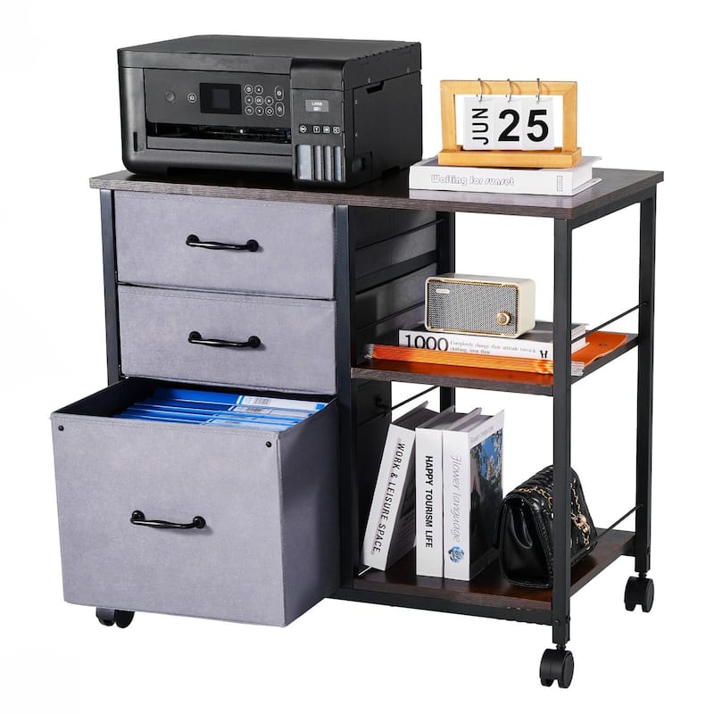 Iron and Wood 3 Drawer File Cabinet with Open Shelves and Casters