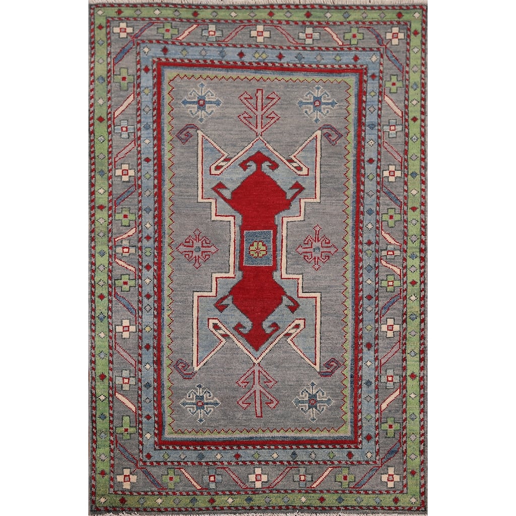 Kazak Accent Rug Hand-Knotted Grey Geometric Wool Carpet - 3'4" x 5'0"