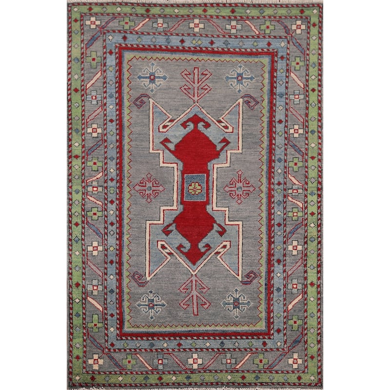 Kazak Accent Rug Hand-Knotted Grey Geometric Wool Carpet - 3'4" x 5'0"