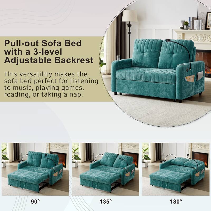 Chenille Loveseat Convertible Pull-out Sleeper Sofa Bed, Tufted Couch w2 Cup Holders Phone Holder & 3 USB Ports, Pockets