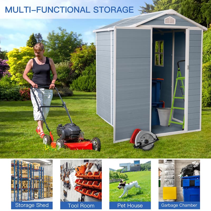 4ft x 6ft Resin Outdoor Storage Shed Plastic Garden Sheds with Floor and Lockable Door for Backyard, Lawn