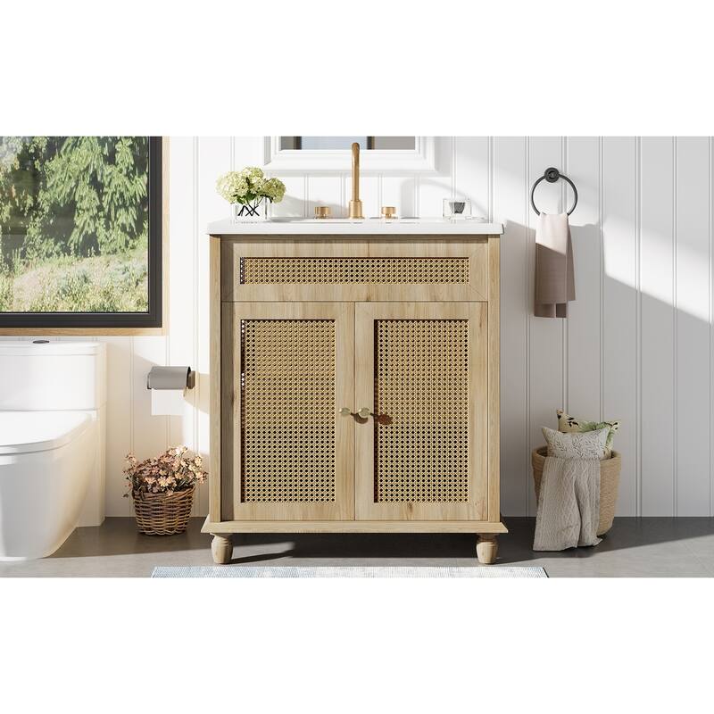 Bathroom Vanity with Sink, Freestanding Bathroom Sink Vanity, Bathroom Cabinet with Rattan-Handwoven Doors & Drawers