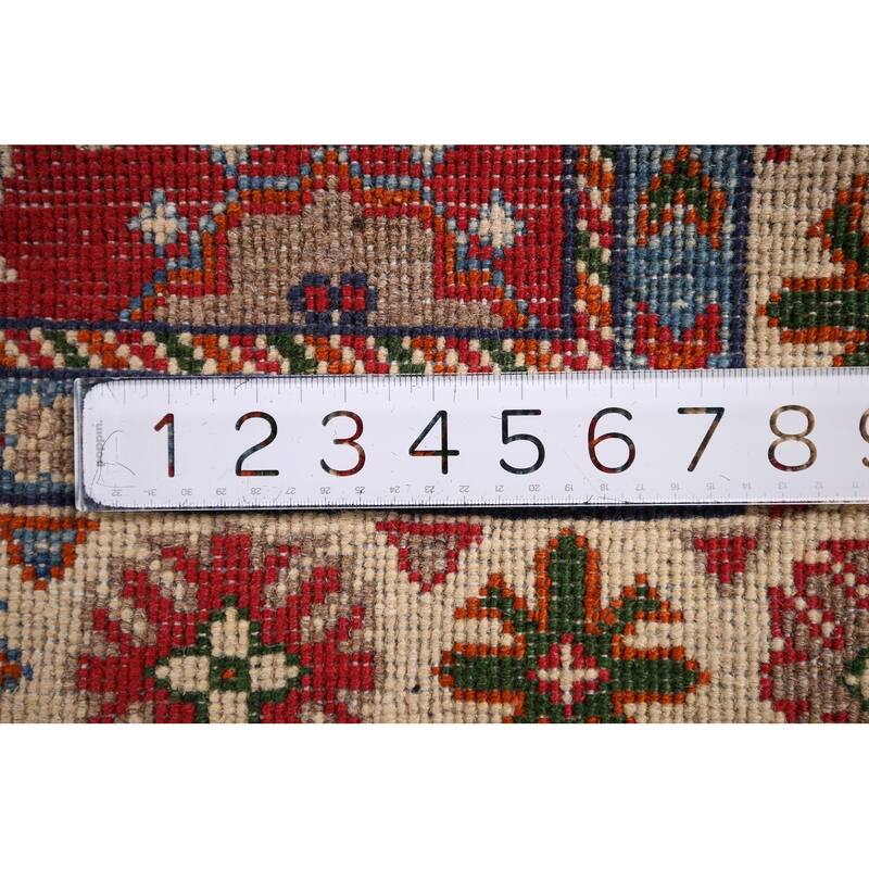 Geometric Kazak Foyer Rug Hand-Knotted Red Wool Carpet - 2'8" x 3'11"