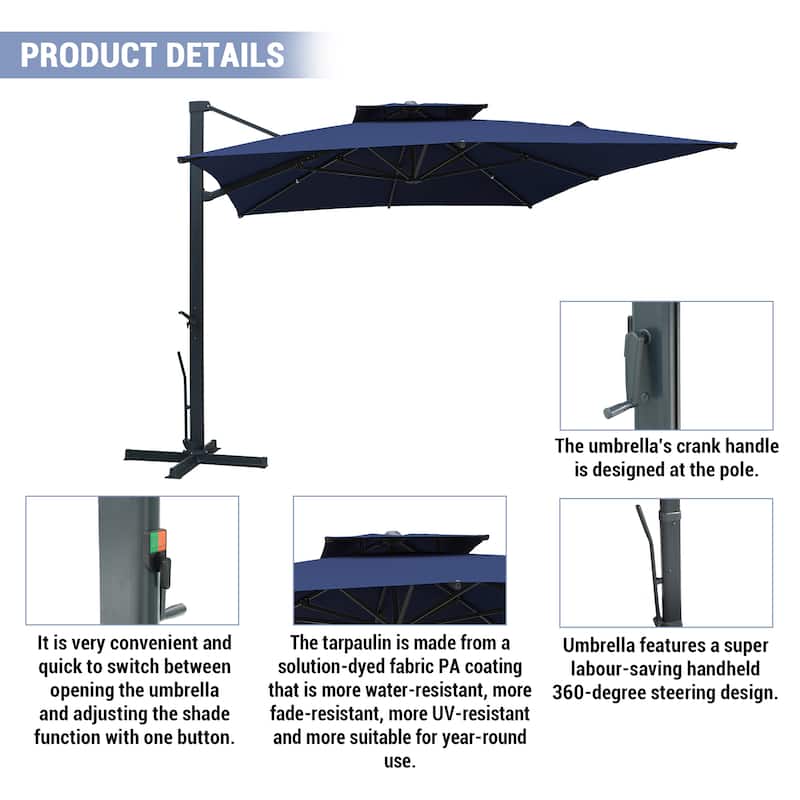 13ft Aluminum Rectangular 2-Top Crank Market Cantilever Umbrella
