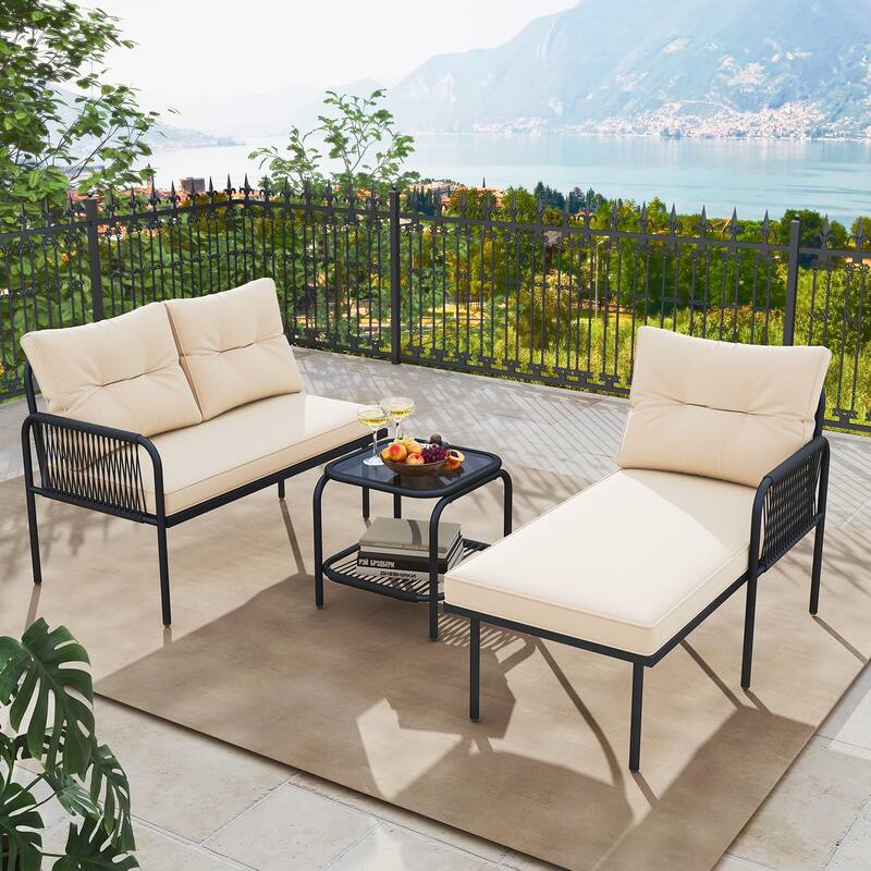 Gymax 3-Piece L Shaped Patio Furniture Set w/Tempered Glass Table Back