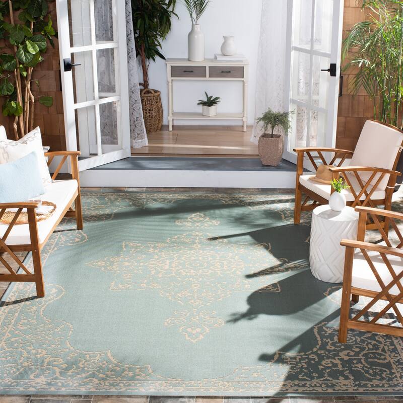 SAFAVIEH Beach House Zanfira Indoor/ Outdoor Waterproof Patio Backyard Rug - 8' x 10' - Cream/Aqua