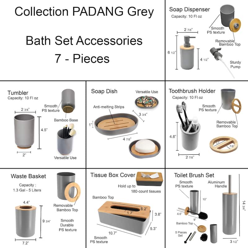 Grey Padang Bathroom Accessory Set 7-Pieces Bamboo