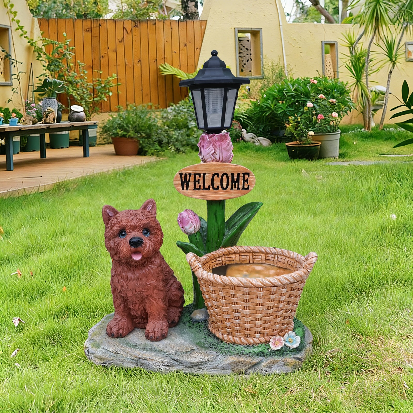 Sitting Puppy Solar Planter Outdoor Garden Statue, Weather-Resistant