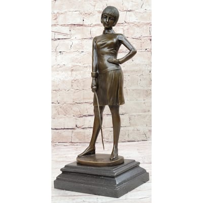 Bronze Sculpture Statue Figure Of Young Woman Fencer Standing With Sword On Marble Base