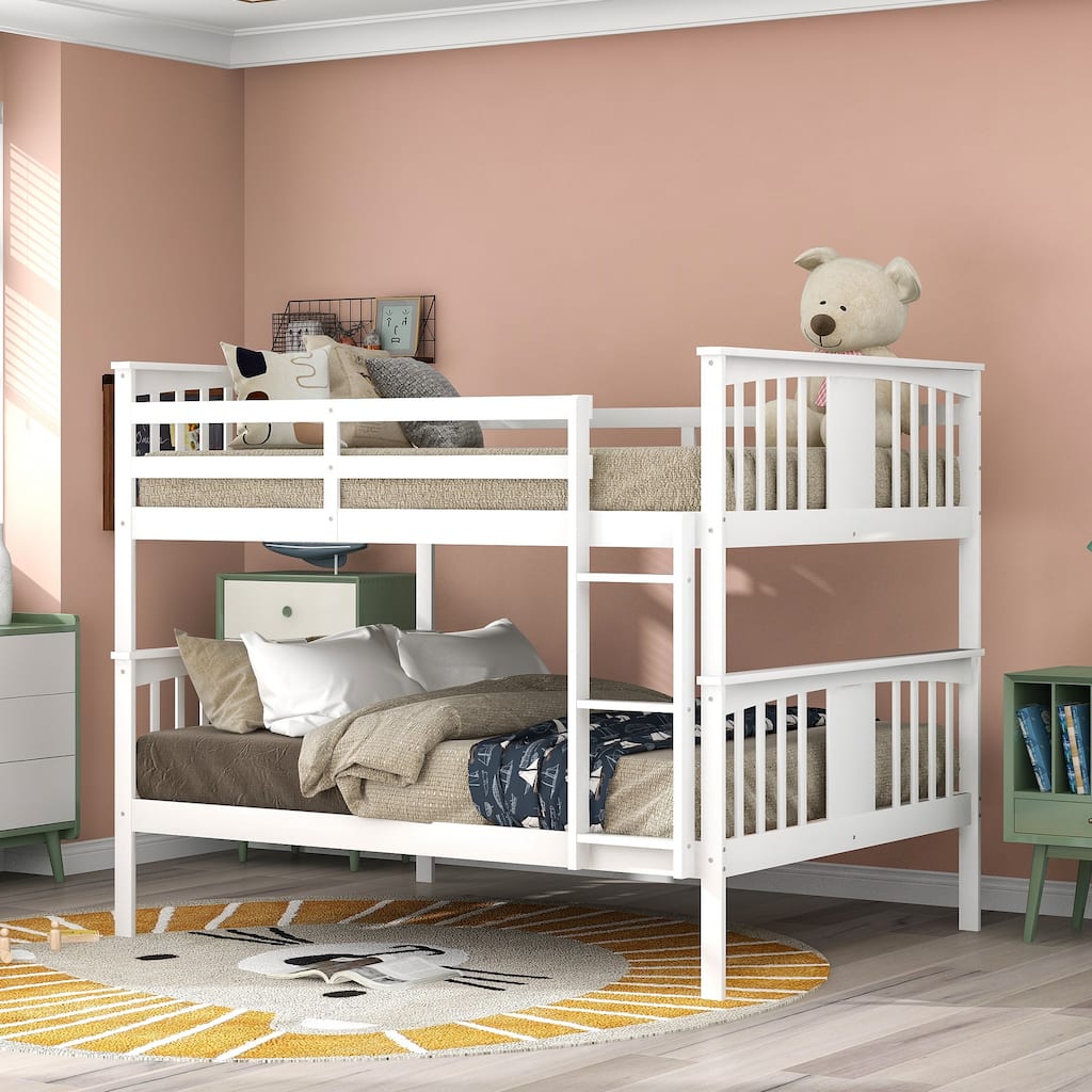 Full Over Full Bunk Bed with Ladder, Convertible to Two Full Beds, Solid Pine Frame, White
