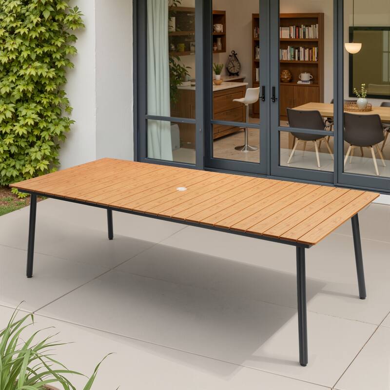 94.5in Outdoor Patio Rectangle Aluminum Wood-Like Dining Table with Umbrella Hole