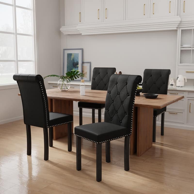 High-Back Tufted Nailhead Upholstered Dining Chairs (Set of 4) - Black Linen
