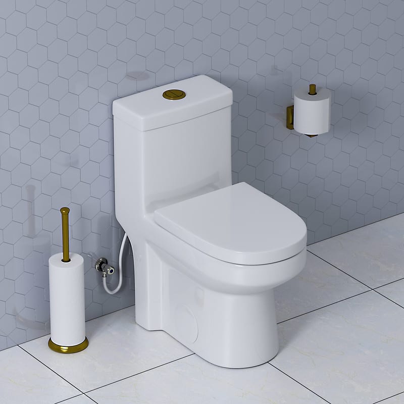 1 Piece High Efficiency Dual Flush Toilet White 0.8 1.28 GPF Seat Included Brushed Gold Button