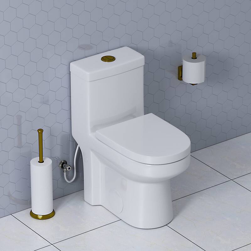 HOROW 1 Piece High Efficiency Dual Flush Toilet White 0.8/1.28 GPF Seat Included Brushed Gold Button
