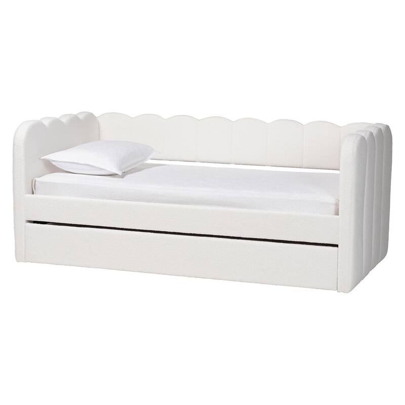 Palmer Cream Teddy-Bear Fabric Daybed with Rolling Trundle - Scalloped Edge Daybed with Plush Upholstery, Modern Sofa Bed - Cream