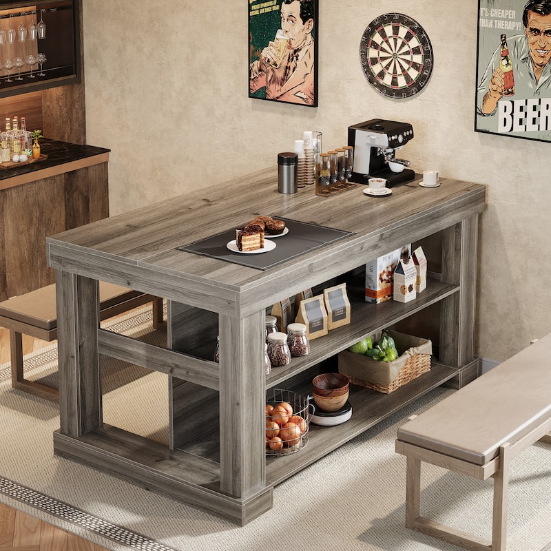 55-Inch Stationary Kitchen Island with Seating and Storage Shelves & Large Worktop, Farmhouse Style - 31.5"D x 55.12"W x 35.43"H