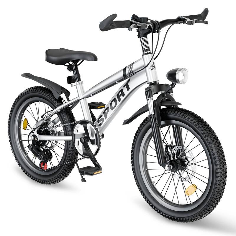 24 Inch Kids Mountain Bike for Boys & Girls Ages 7-12 - 7-Speed Gears, Dual Disc Brakes, Shock Absorber Front Fork, LED Light - Silver