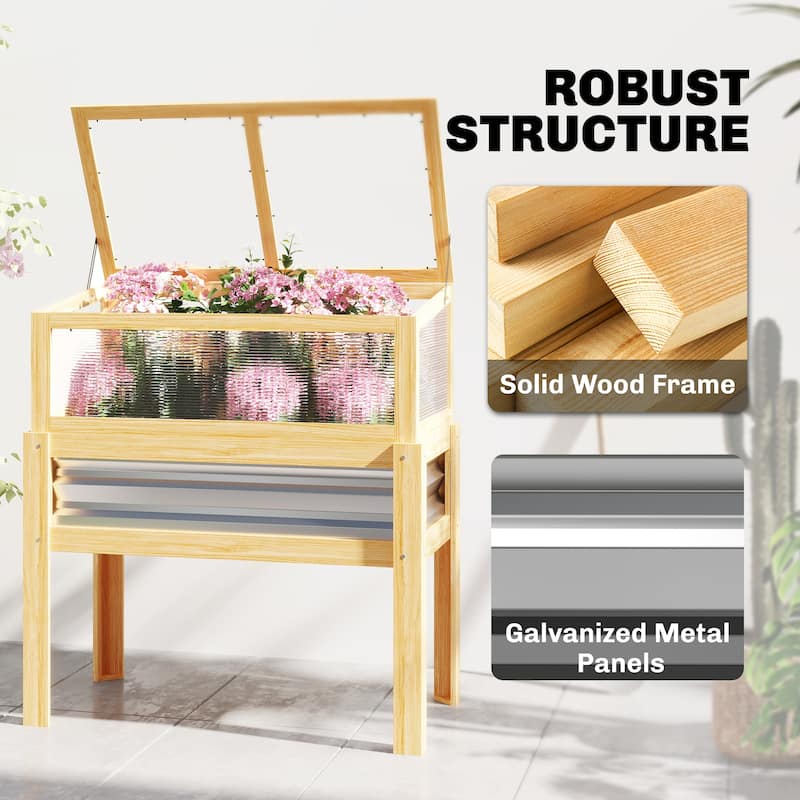 Outsunny Wooden Raised Garden Bed with Flip-Up Greenhouse Top, Raised Garden Bed with Legs and Bed Liner