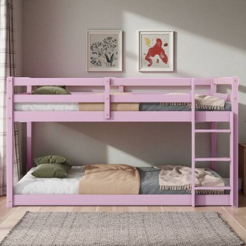 Solid Rubber Wood Twin Over Twin Loft Bed with Ladder, Sturdy Slats for Upper & Lower Bed Platforms - Pink
