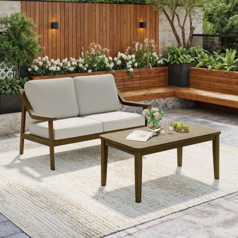 Outdoor Patio Wood Bistro Set/Loveseat Set - Brown/Light Camel - 2-piece