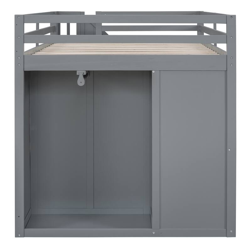 Full Size Gray Wood Loft Bed with Built-in Wardrobes, Cabinets, and Drawers