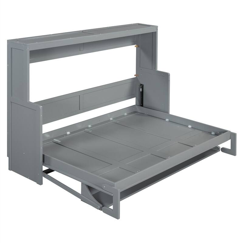 Full/Queen Size Wooden Murphy Bed with Desk, Foldable Murphy Bed Cabinet w/ Hydraulic Lift Design, Space Saving Murphy Chest Bed