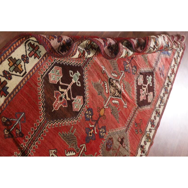 Hand Knotted Oriental 100% Wool Carpet Traditional Tribal Red Shiraz Area Rug - 9' 5'' X 5' 3''