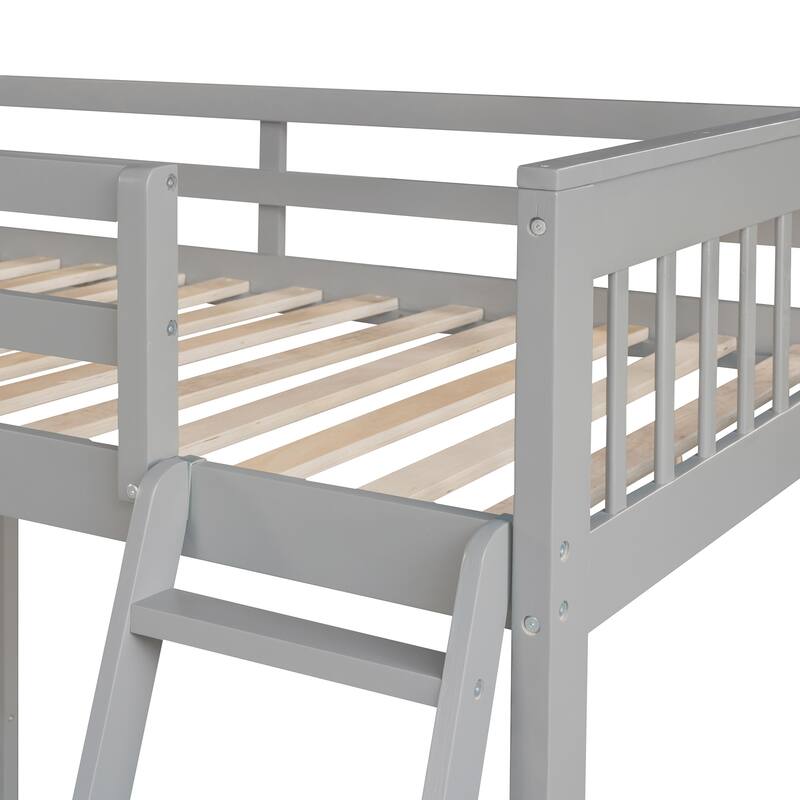 L-Shaped Twin Over Full Bunk Bed with Drawers, Ladder, and Staircase in Gray
