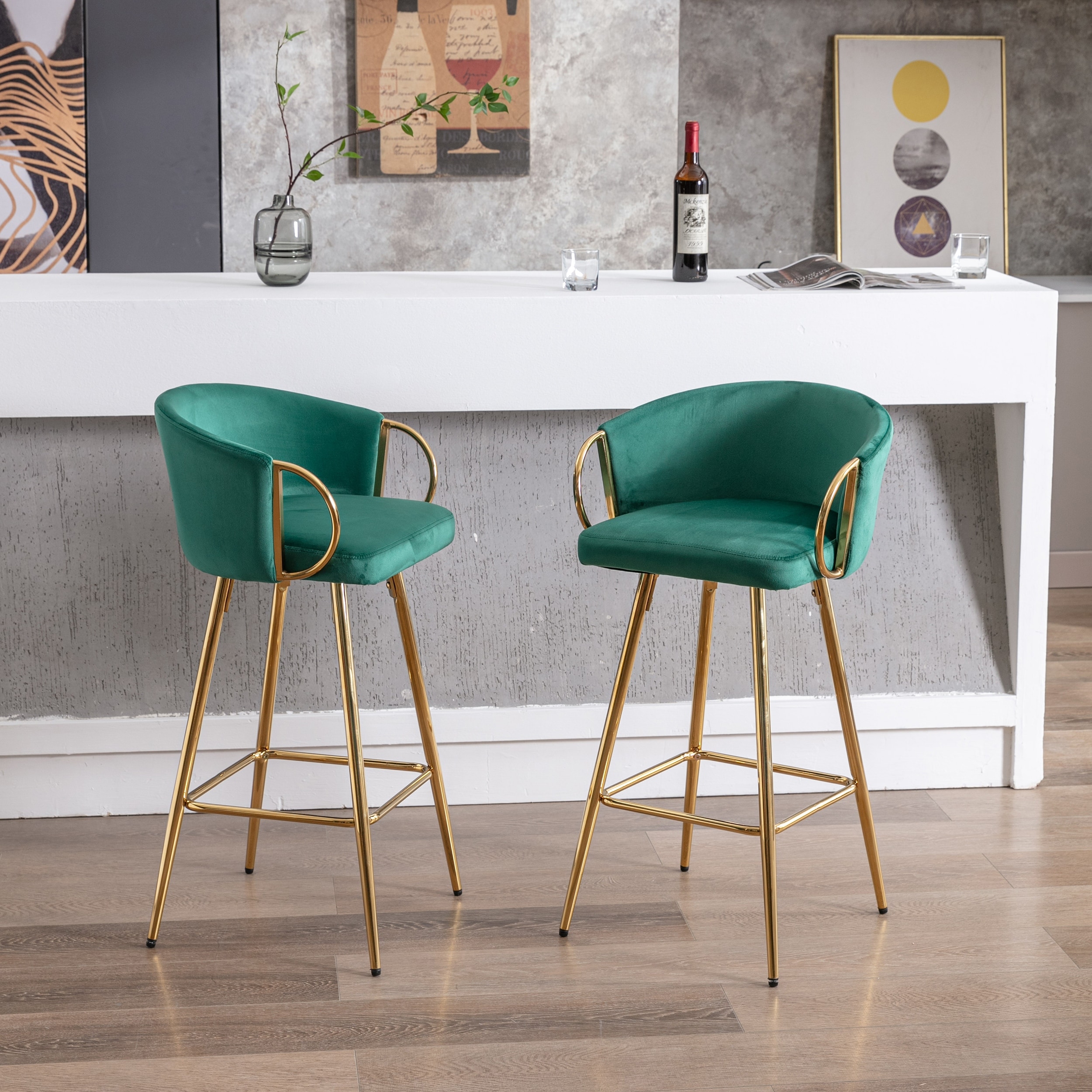 Counter Height Bar Stools Set of 2, Velvet Bar Stools with Armrests, Kitchen Island Chairs with Footrest and Metal Legs