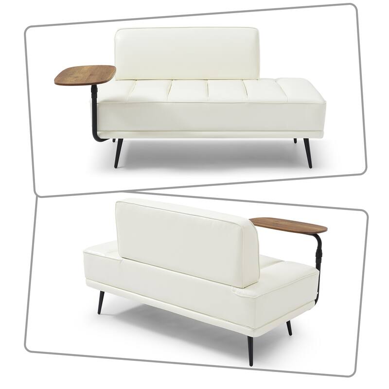 Modern minimalist bench with upholstered backrest and 360-degree swivelling side table, metal legs