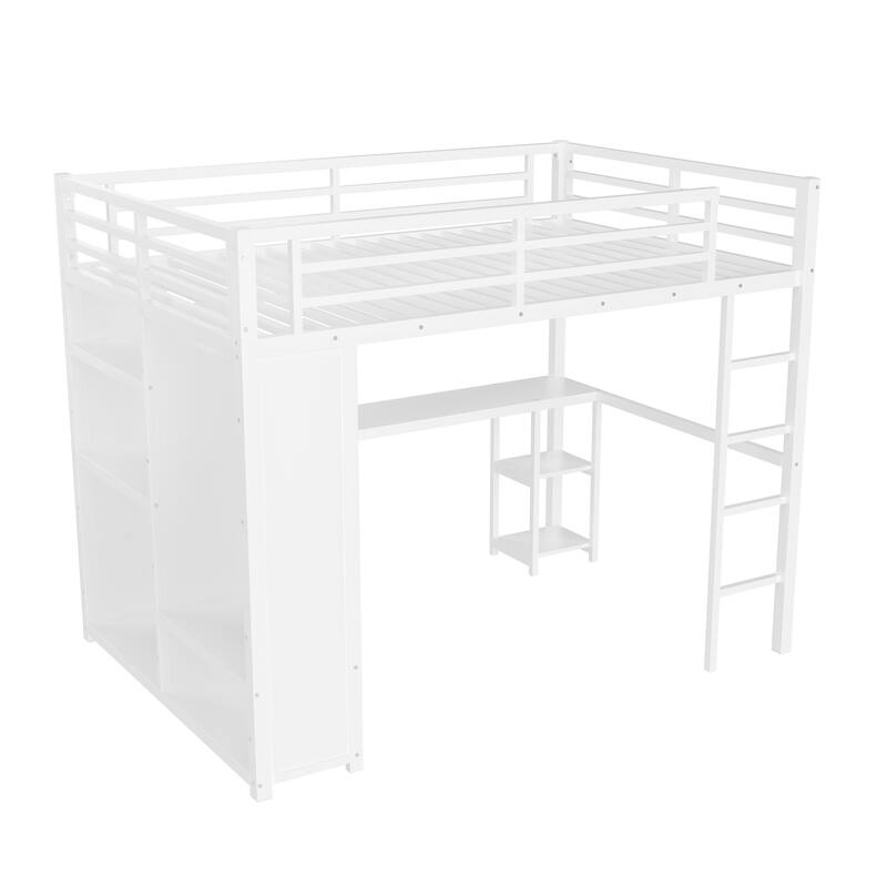 Queen Metal Loft Bed with Desk Wardrobe and Storage Shelves, White Elevated Bed with Guardrails and Staircase