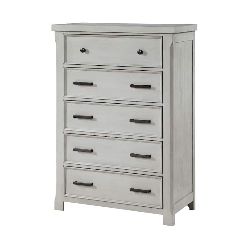 Brok Tall Dresser Chest, 5 Drawer Black Bar Handles, Light Gray Acacia