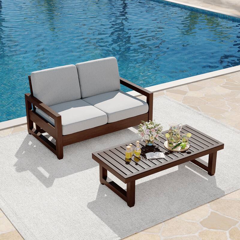 Teak Loveseat Patio Set with Cushions and Table (2-Piece)