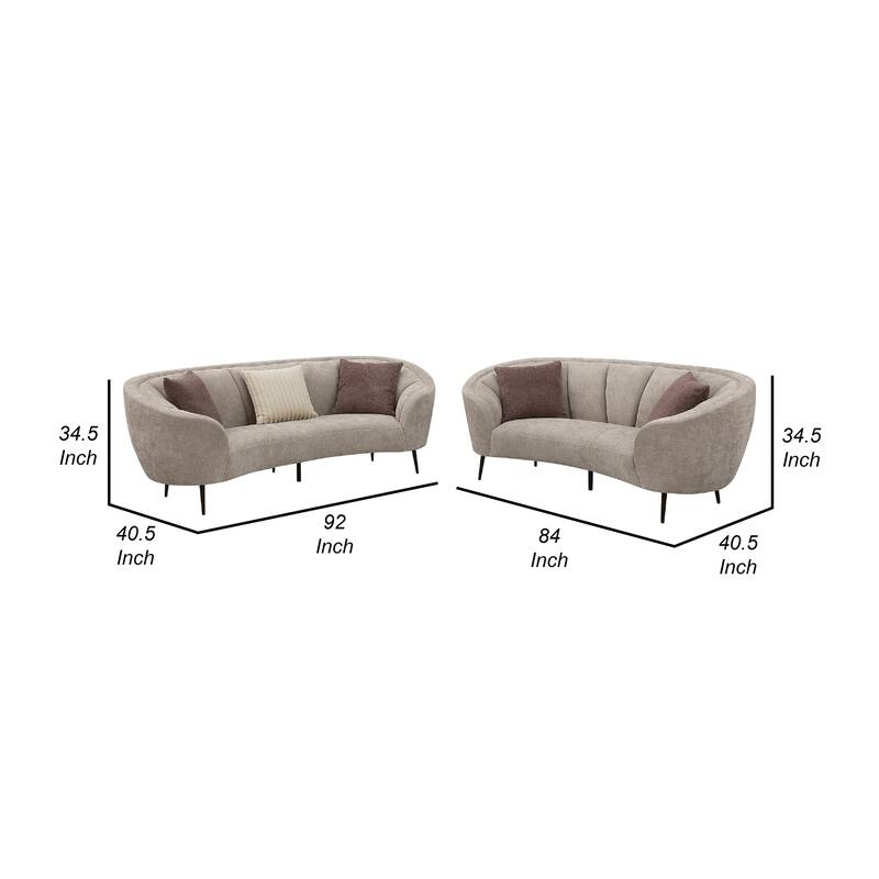 Zui 2pc Sofa Loveseat Set, Modern Curved Shape Beige Tufted Fabric, 4 Pillows