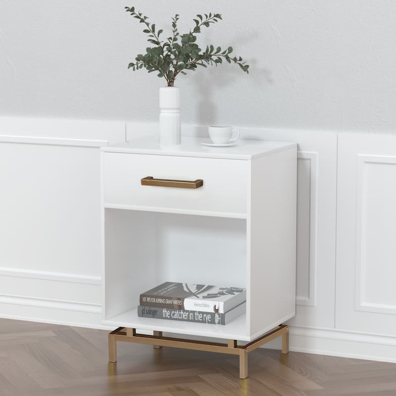 Anmytek 1-Drawer Modern White Gold Nightstand Accent Table End Side Table with Open Shelf for Bedroom