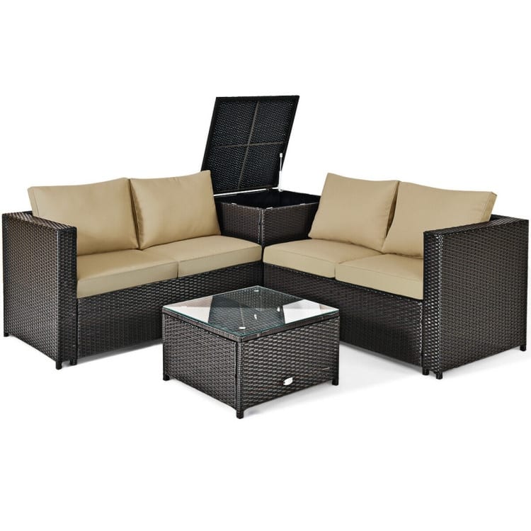 4 Pieces Outdoor Patio Rattan Furniture Set with Cushioned Loveseat and Storage Box - 47.5" x 26" x 26" (L x W x H)