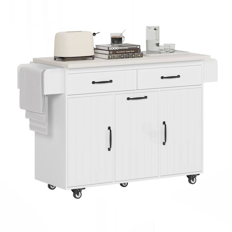 Kitchen Island with Trash Can Storage Cabinet, Kitchen Cart with Drop Leaf, Spice Rack