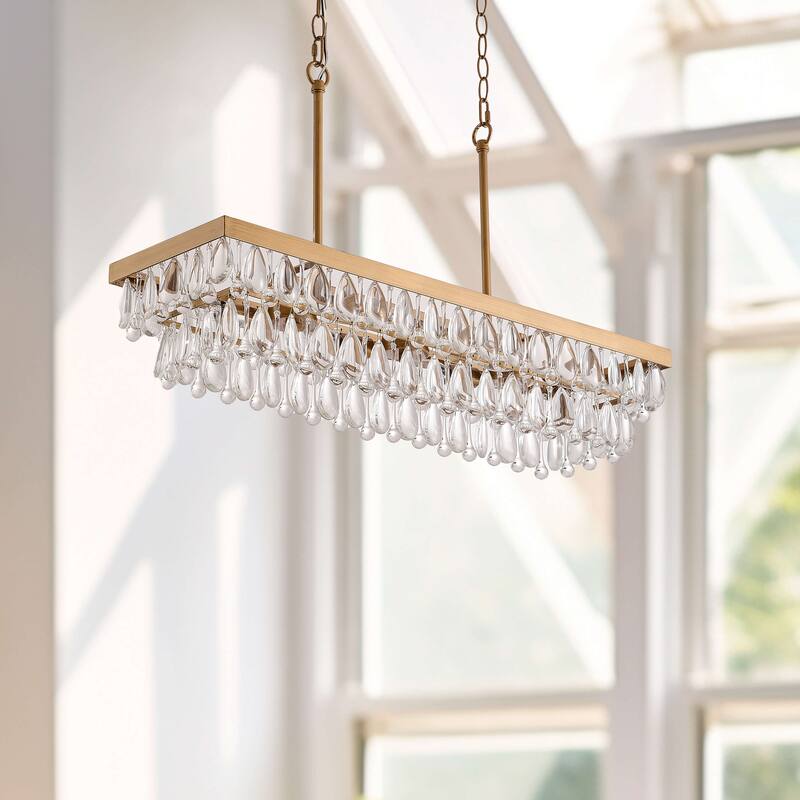 Viviana Brushed Brass 6-light Crystal Teardrop Rectangle Chandelier - 30"L x 8.7"W x 6"H