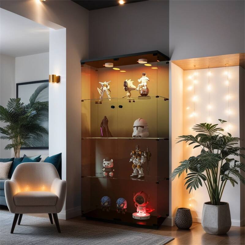Lighted Two-Door Glass Display Cabinet with 4 Shelves, Tempered Glass and Security Lock