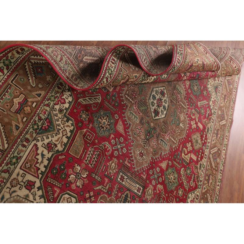 Geometric Pink Tabriz Persian Vintage Rug Hand-Knotted Wool Carpet - 6'7"x 9'9"