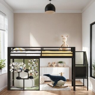 Twin Size Metal Low Loft Bed Frame with Storage Staircase and Iron mesh, Black