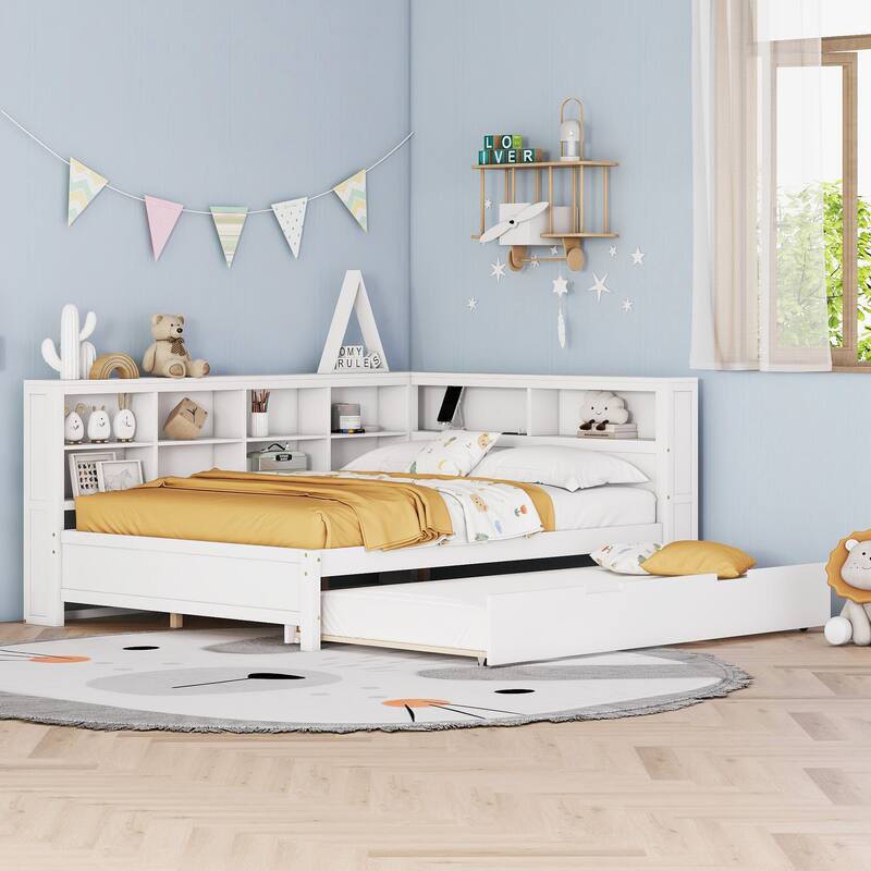 White Wooden Full Size Daybed with Twin Trundle & Storage Shelf