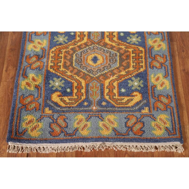 Blue Geometric Kazak Indian Runner Rug Handmade Wool Carpet - 2'7"x 9'9"