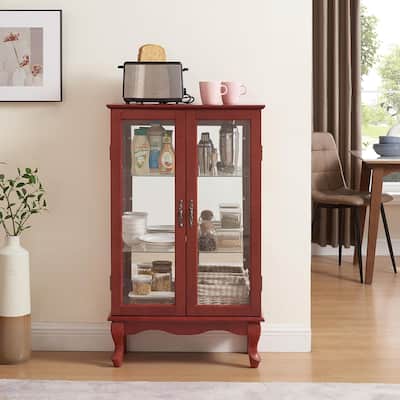 Roomfitters 2 Doors Curio Cabinet with Tempered Glass Doors, Mirrored Back Panel, Adjustable Shelves, Lighted Display Cabinet