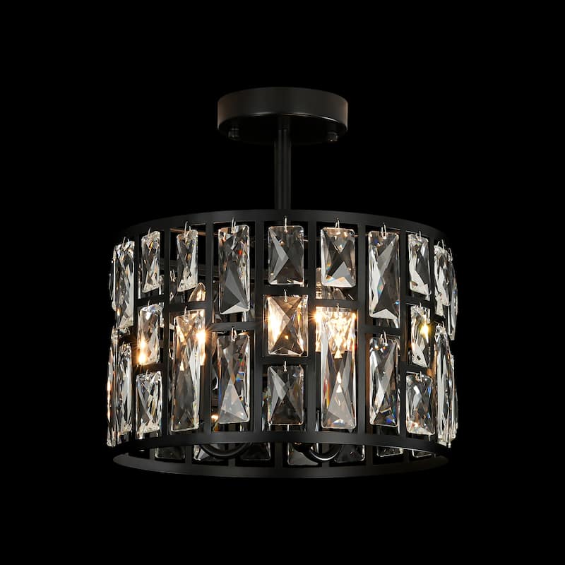 3/5-Light Industrial Vintage Black Drum Semi-Flush Mount Ceiling Light with Crystal Accents