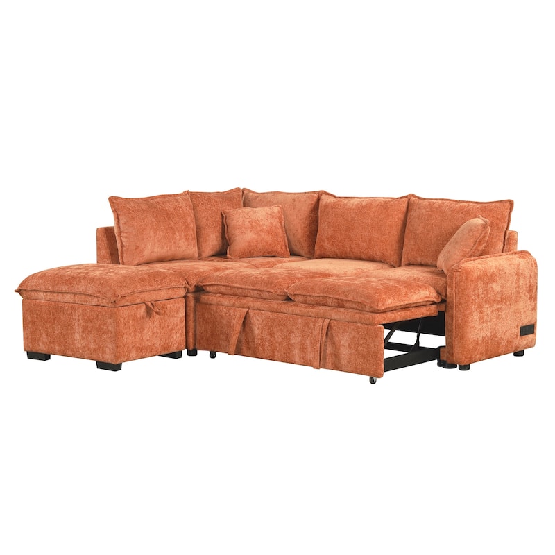 82.67" L-Shaped Sofa Bed with Storage Ottoman, USB, Power Ports, 2 Pillows