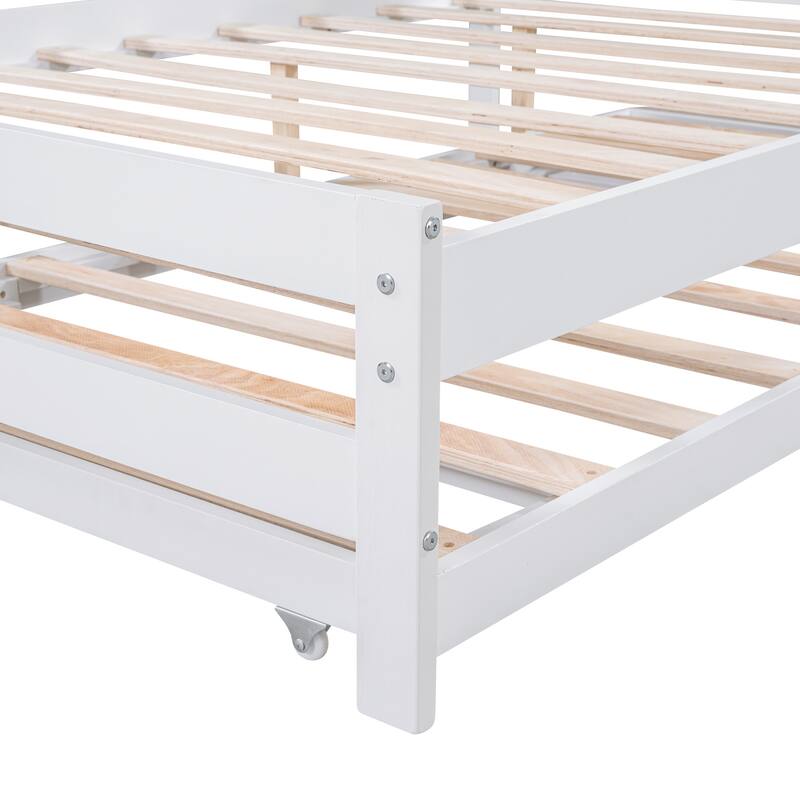Full Size Platform Bed with Adjustable Trundle in White